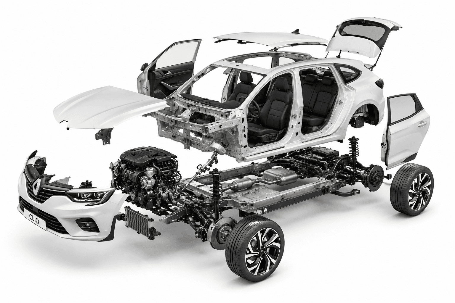 Vue éclatée d'une Renault Clio — pièces et composants